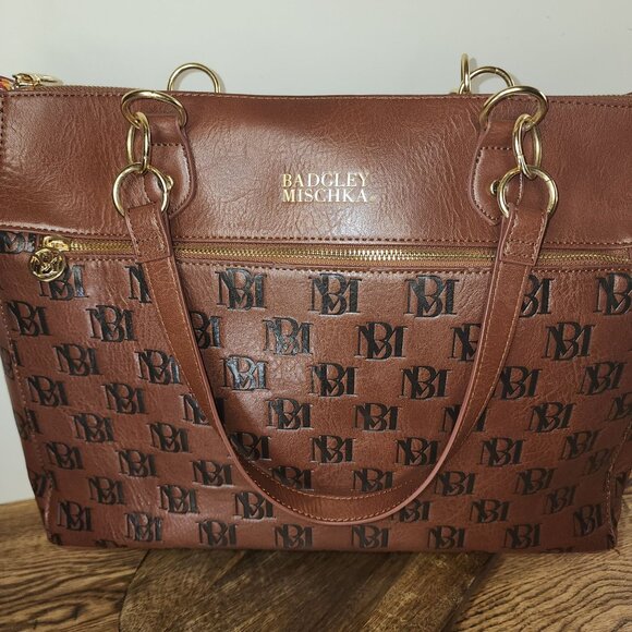 Badgley Mischka Monogram Leather Tote Bag With Gold Hardware - Picture 2 of 10